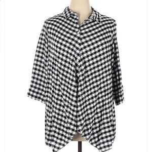 Chelsea & Theodore 3/4 Sleeve Button-Down Shirt Black White Houndstooth